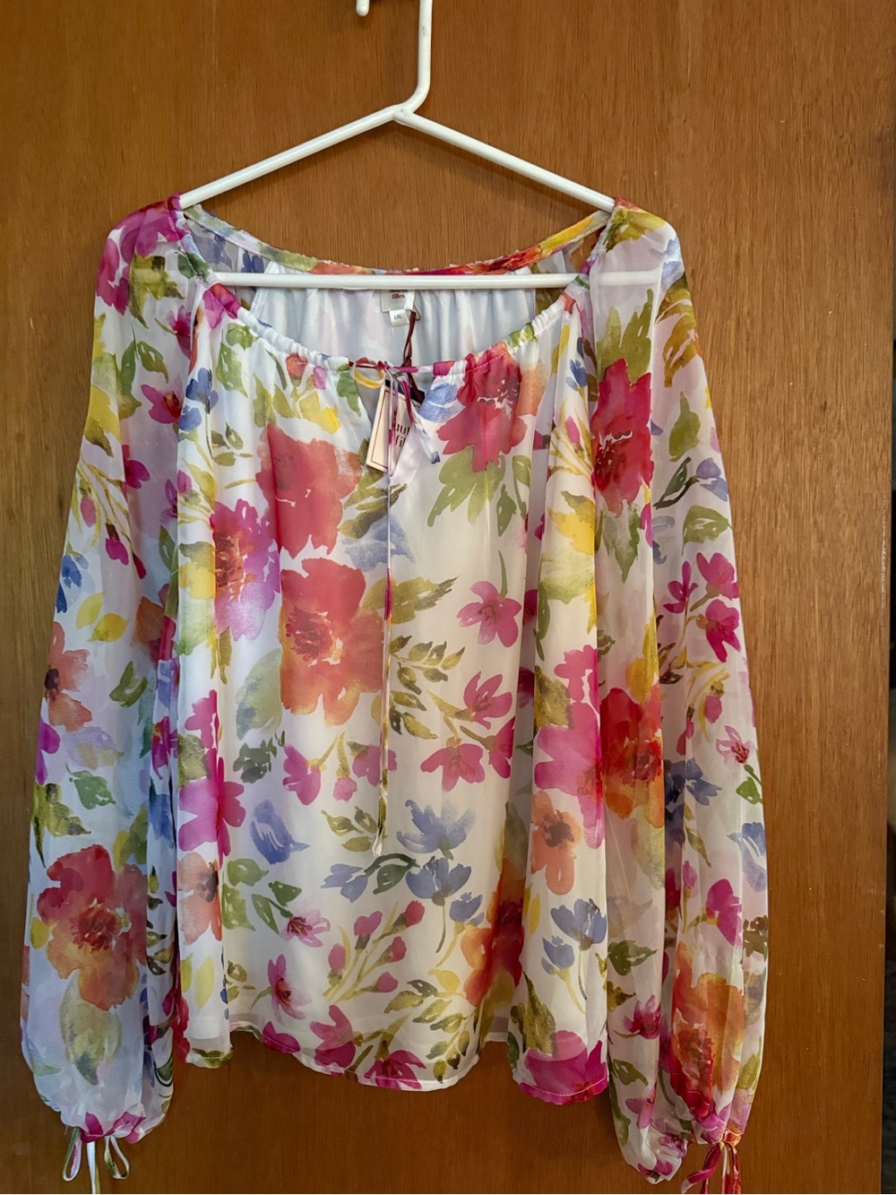 Sheer Floral Tie-Neck Blouse in Pink Multi